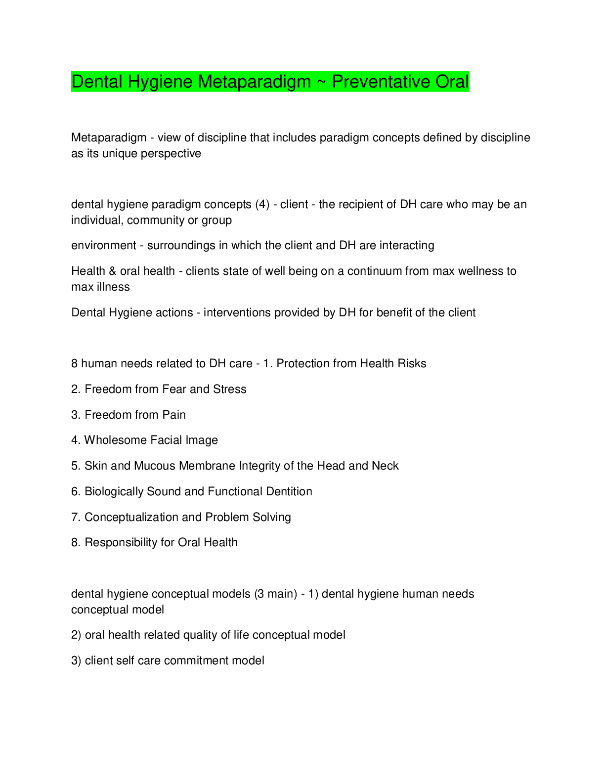 Preview image for Dental Hygiene Metaparadigm ~ Preventative Oral